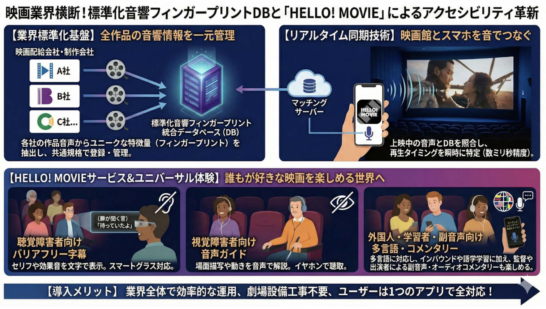 映画業界横断、標準化された音響フィンガープリントDB運用とアクセシビリティサービス（「HELLO! MOVIE」「字幕メガネ」）